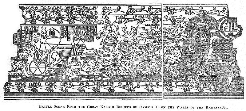 Battle scene from the Great Kadesh reliefs of Ramses II on the Walls of the Ramesseum by James Henry Breasted, 1927.