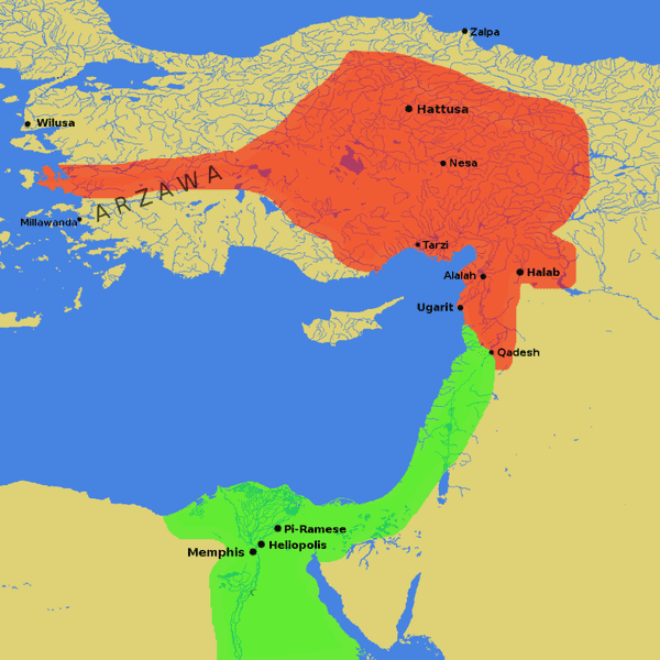 Hittite territory (red) and Egyptian territory (green)