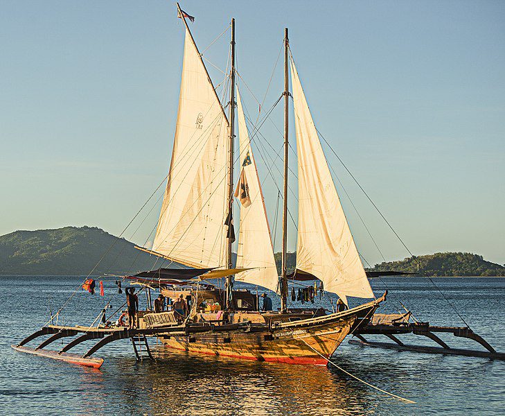 A replica of a traditional Austronesian sailing trimara