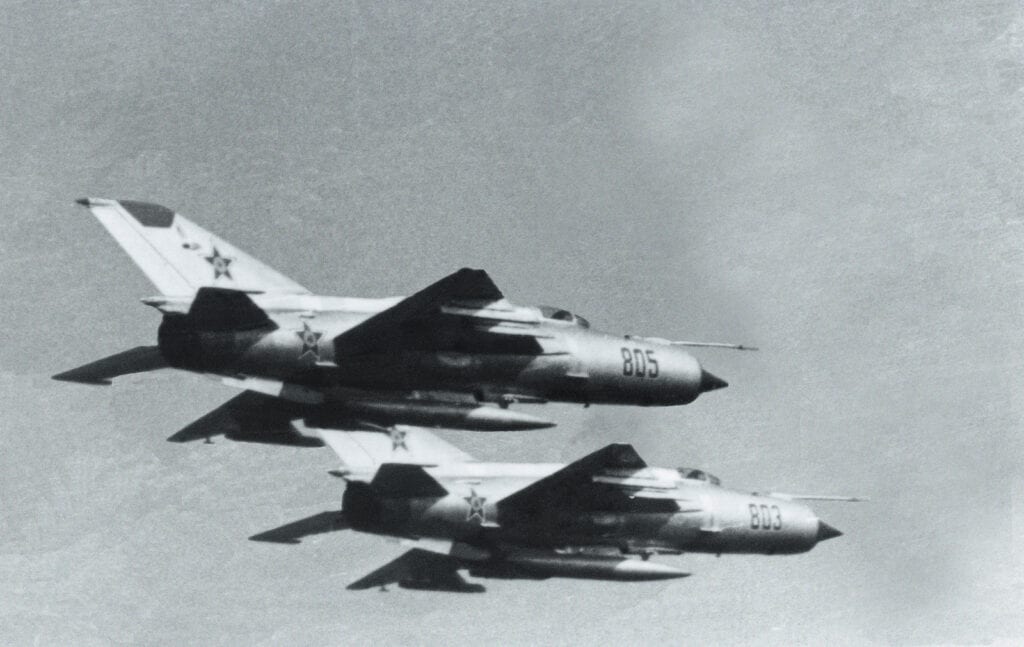 Soviet MiG-21 Fishbed fighter aircraft in flight