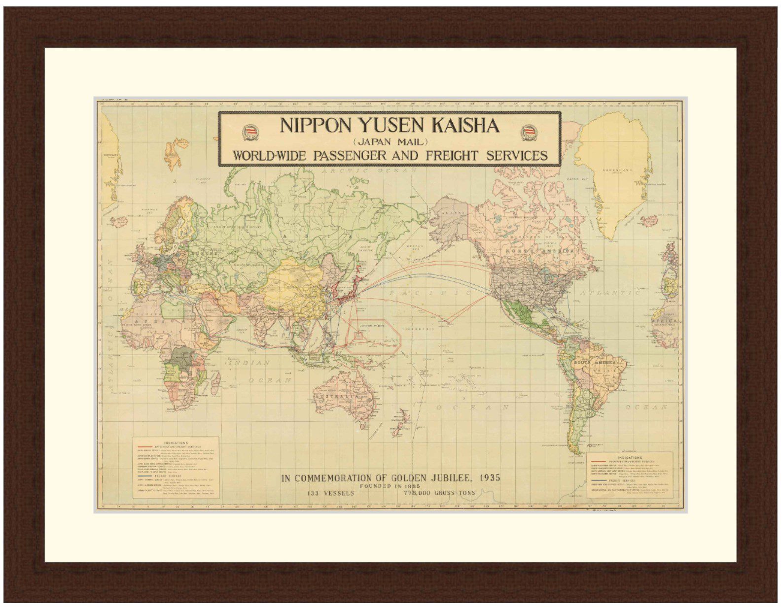 World map showing shipping routes, 1935 - Framed Print - Image 3