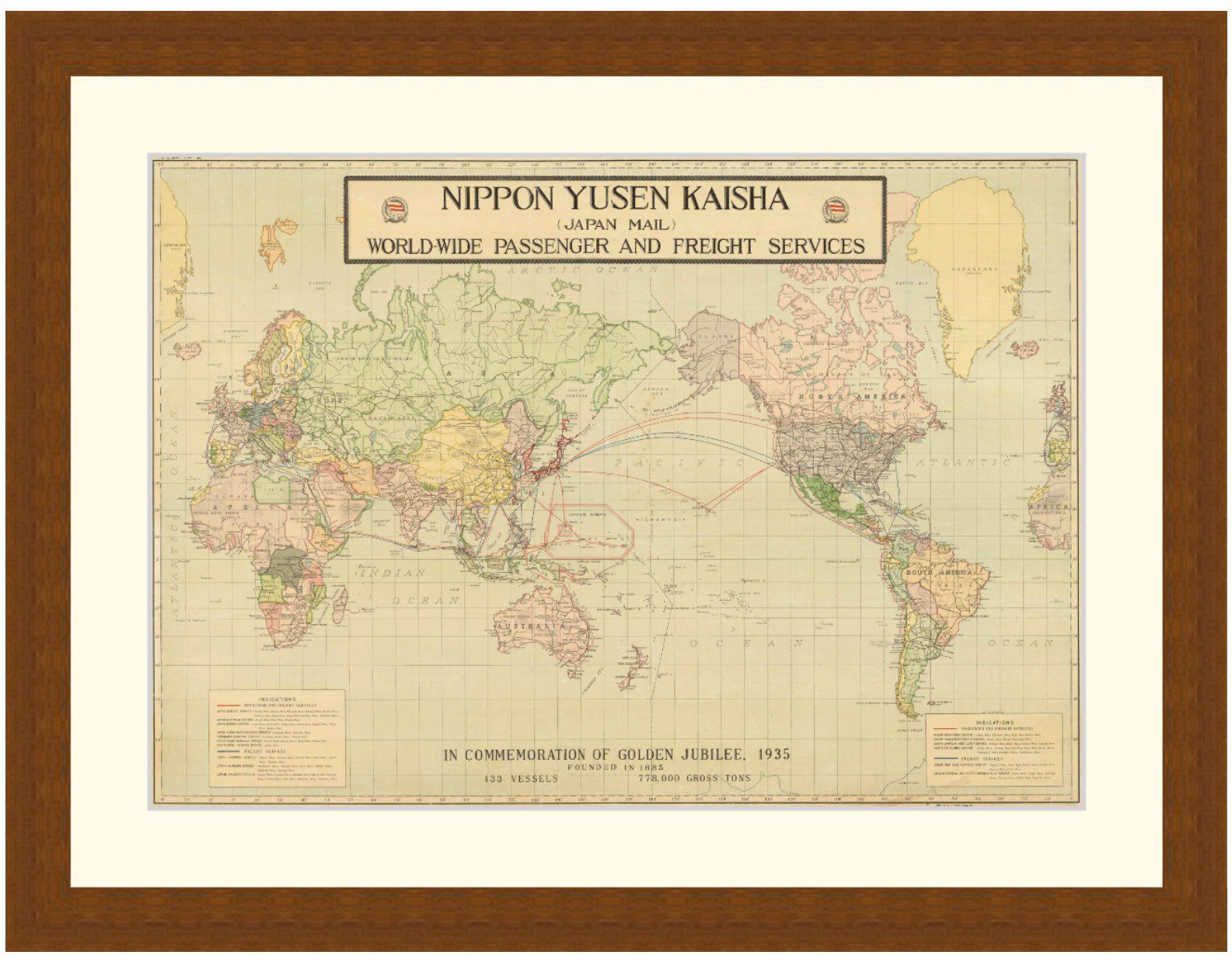 World map showing shipping routes, 1935 - Framed Print