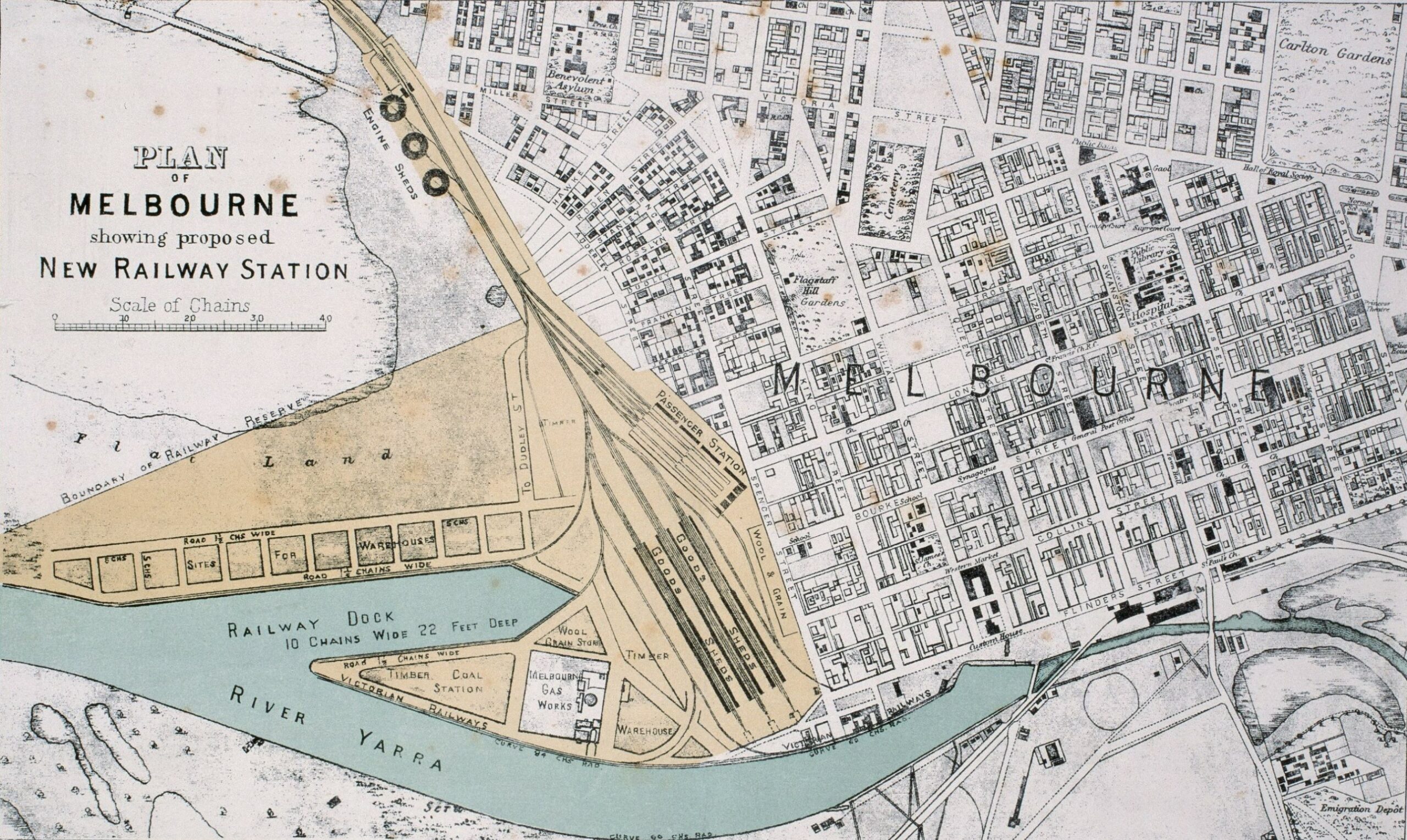 Map of Melbourne CBD showing proposed new Spencer St railway station, 1878 - Framed Print - Image 5
