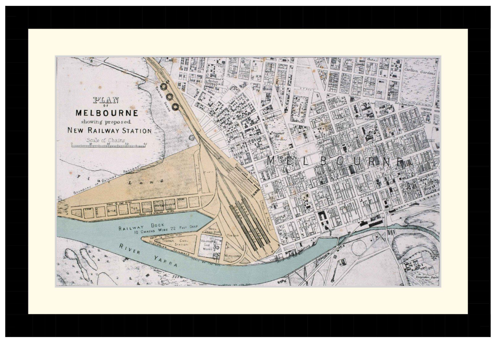 Map of Melbourne CBD showing proposed new Spencer St railway station, 1878 - Framed Print - Image 4