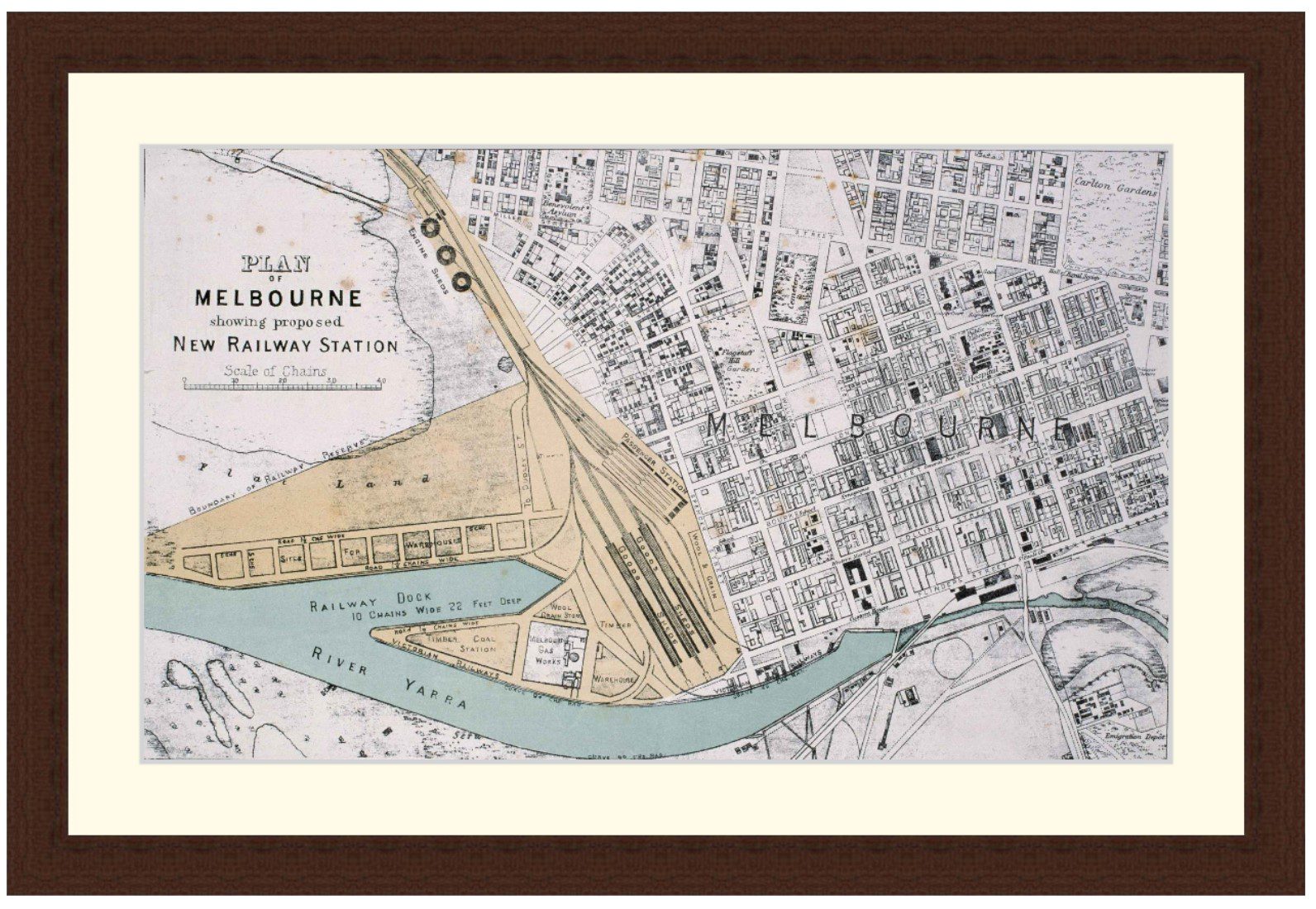 Map of Melbourne CBD showing proposed new Spencer St railway station, 1878 - Framed Print - Image 3