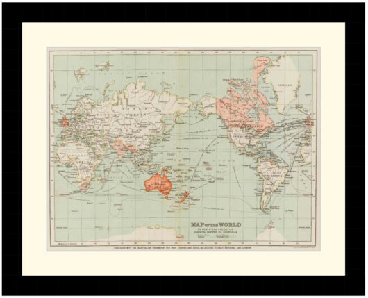 Map of the World on Mercators projection, showing routes to Australia, 1890 - Framed Print