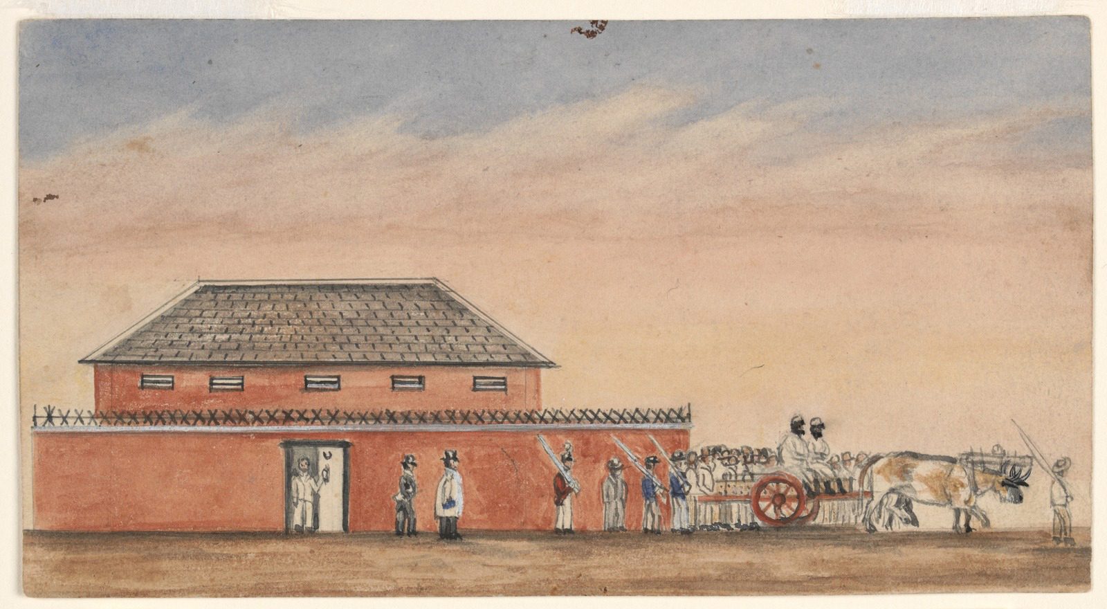 Tunnerminnerwait and Maulboyheneer heading for the gallows 'The first execution' Painted in 1875 by WFE Liardet.