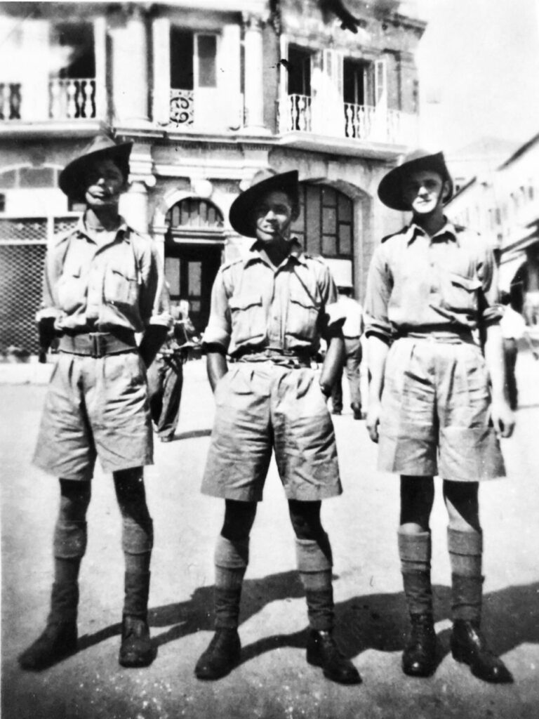 Private Jack Greaves and two mates outside the Australian Soldiers’ Club in Jerusalem in 1940.